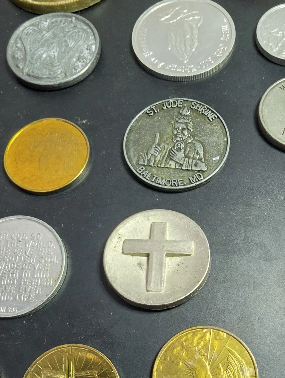 Religious Medal Keychain and Assorted Faith Tokens - Gold & Silver 21 Pieces